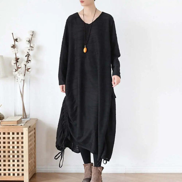 Elegant Black Cotton Dress with Asymmetrical Hem for Women-Women's dress-Thebesttailor-One size-Black-Cotton-Thebesttailor