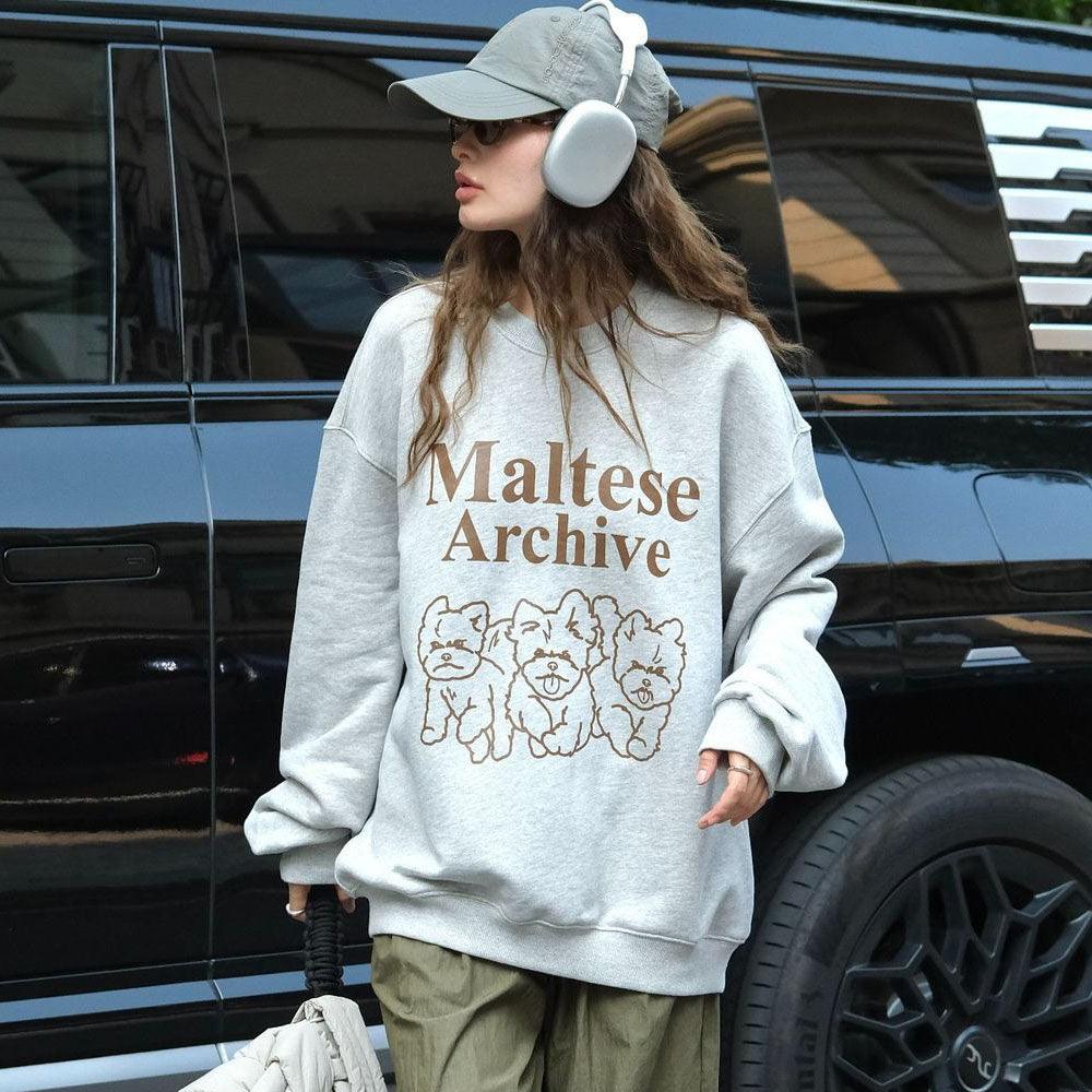 Casual fun dog print sweater loose silhouette comfortable top-Women's coat-Thebesttailor-One size-Gray-Cotton-Thebesttailor