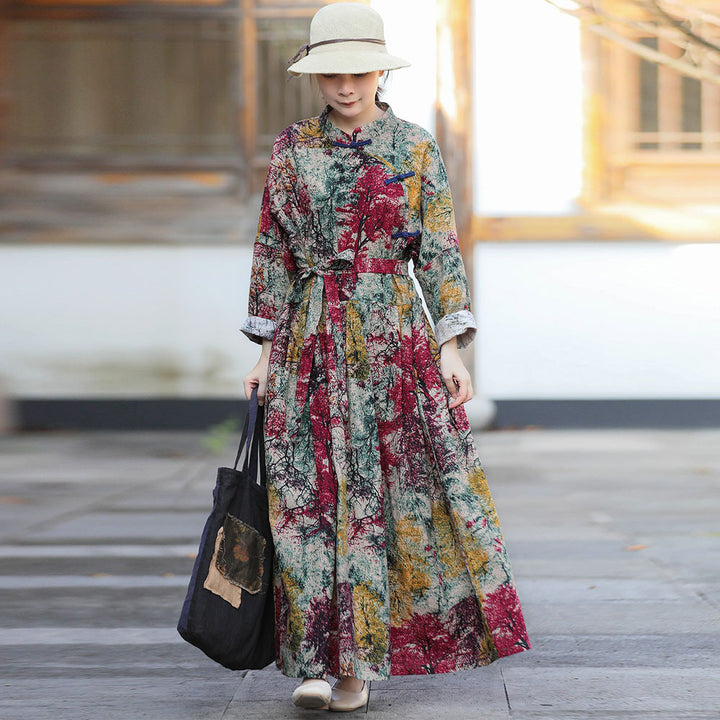 Chinese Style Retro Linen Floral Maxi Dress For Women