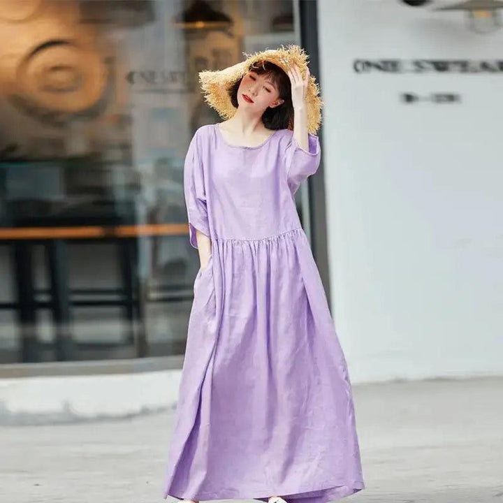 Purple Maxi Dress for Women Purple Linen Dress with Batwing Sleeves-Women's dress-Thebesttailor-One size-Purple-Linen-Thebesttailor