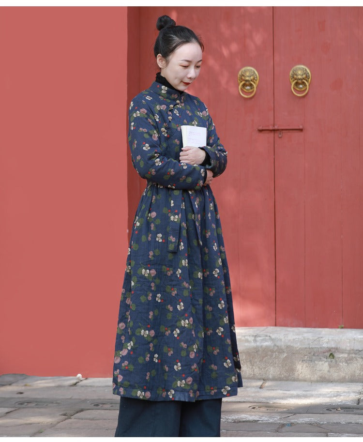 Womens Cotton Floral Chinese Style Tie Waist Dress Navy