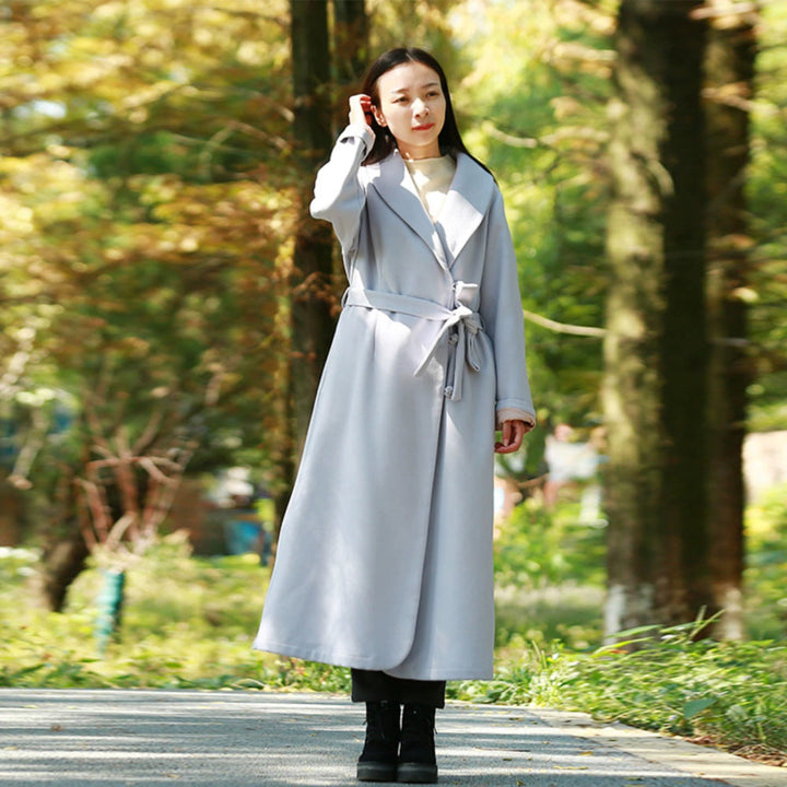 Winter Solid Color Wool Coat Lace Up Slim Fit With Belt