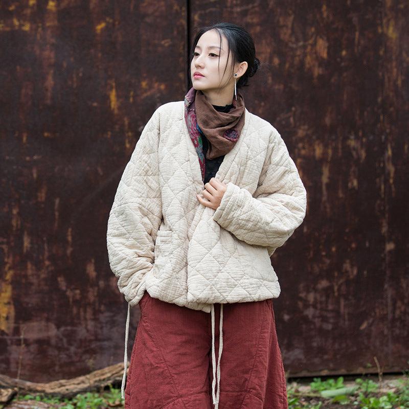 Retro Loose-Fit V-Neck Cotton and Linen Women's Winter Coat-Women's coat-Thebesttailor-One size-White-Ramie-Thebesttailor