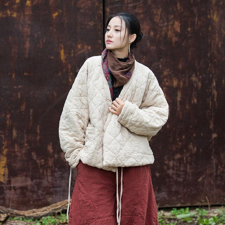 Retro Loose-Fit V-Neck Cotton and Linen Women's Winter Coat-Women's coat-Thebesttailor-One size-White-Ramie-Thebesttailor