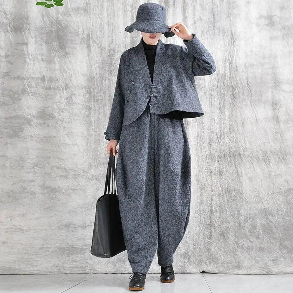 Gray Cotton Harem Pants Daily Short Jacket Suit for Women in Spring and Autumn-Women's coat-Thebesttailor-One size-Gray-Cotton-Thebesttailor