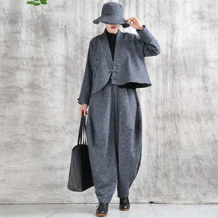Gray Cotton Harem Pants Daily Short Jacket Suit for Women in Spring and Autumn-Women's coat-Thebesttailor-One size-Gray-Cotton-Thebesttailor