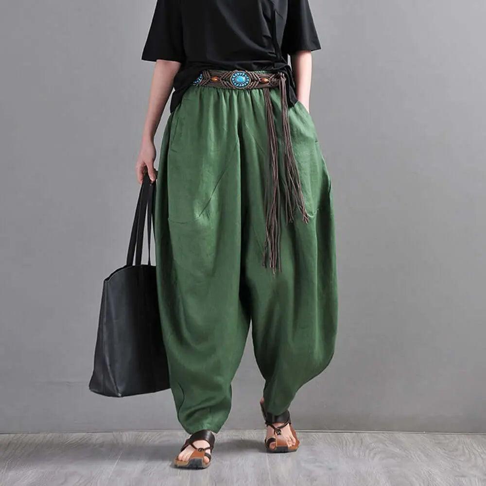Chic Linen Harem Pants: Stylish Wide Leg Trousers for Women-Women's pants-Thebesttailor-One size-Green-Linen-Thebesttailor