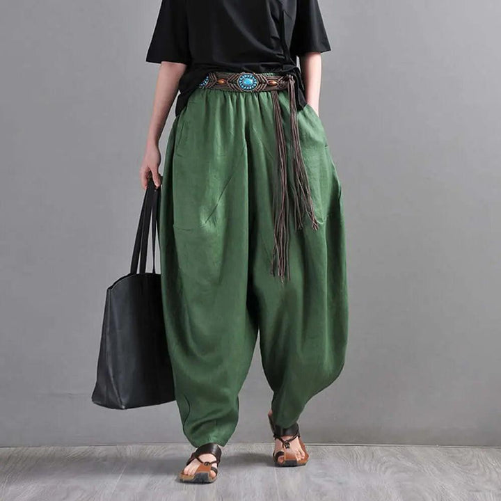 Chic Linen Harem Pants: Stylish Wide Leg Trousers for Women-Women's pants-Thebesttailor-One size-Green-Linen-Thebesttailor