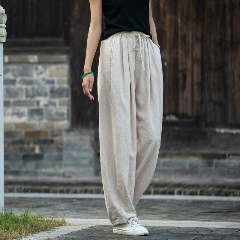 Sand-Washed Linen Tapered Carrot Pants with Drawstring-Women's pants-Thebesttailor-Thebesttailor