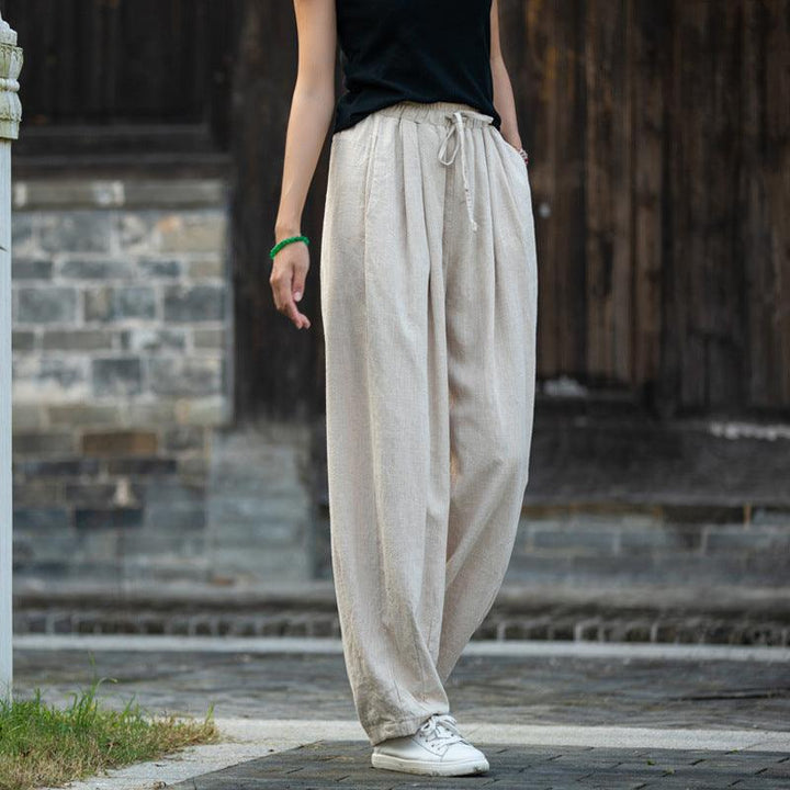 Sand-Washed Linen Tapered Carrot Pants with Drawstring-Women's pants-Thebesttailor-Thebesttailor