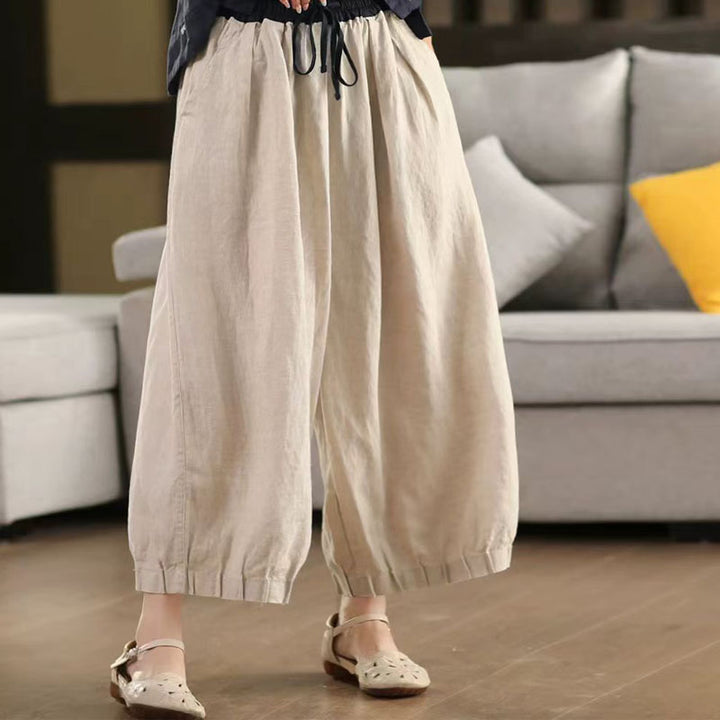Linen Pleated Elastic Waist Loose Cropped Pants for Women