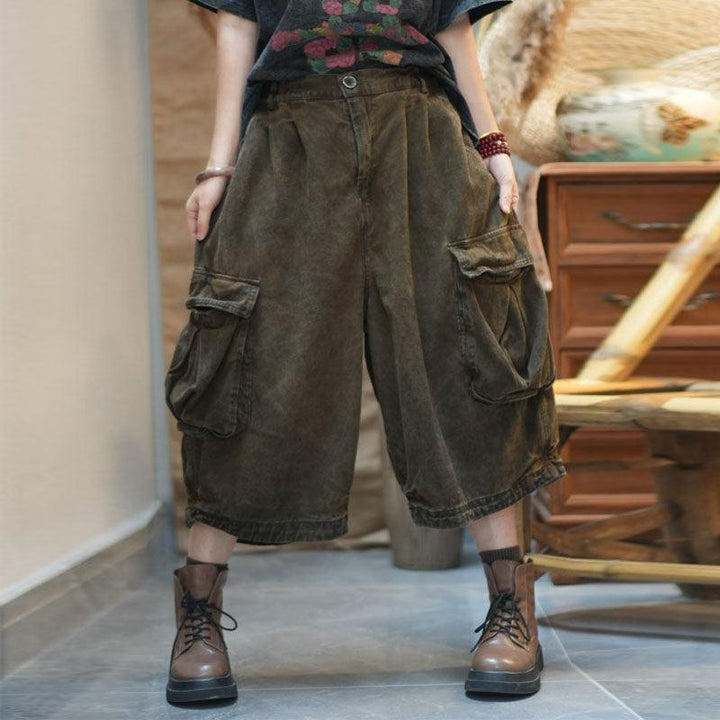 Large pockets loose casual overalls retro Stir-Fried Color jeans in a stylish cropped design, perfect for summer wear.