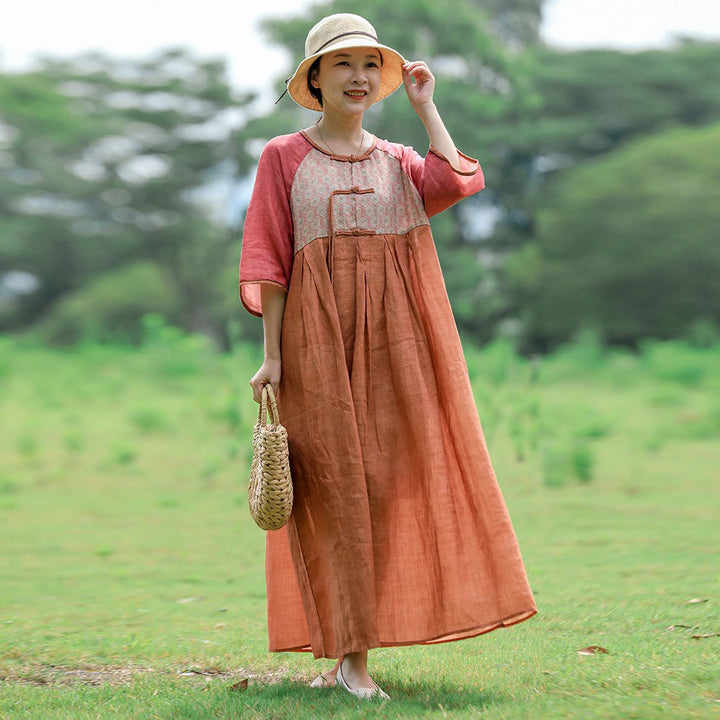 Summer Ramie Orange Patchwork with Pockets Dress for Women