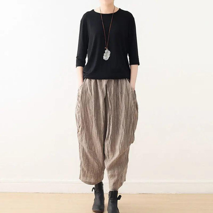 Casual Linen Wide-Leg Pants with Pleated Texture for Women-Women's pants-Thebesttailor-One size-Khaki-Linen-Thebesttailor
