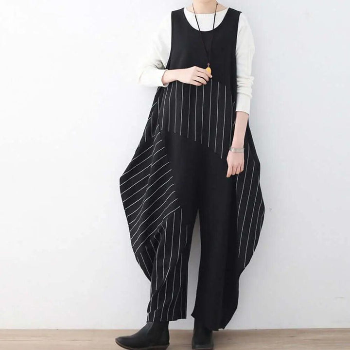 Elegant Striped Jumpsuit with Unique Drop Crotch Pants for Women-Women's pants-Thebesttailor-One size-Black stripes-Cotton-Thebesttailor