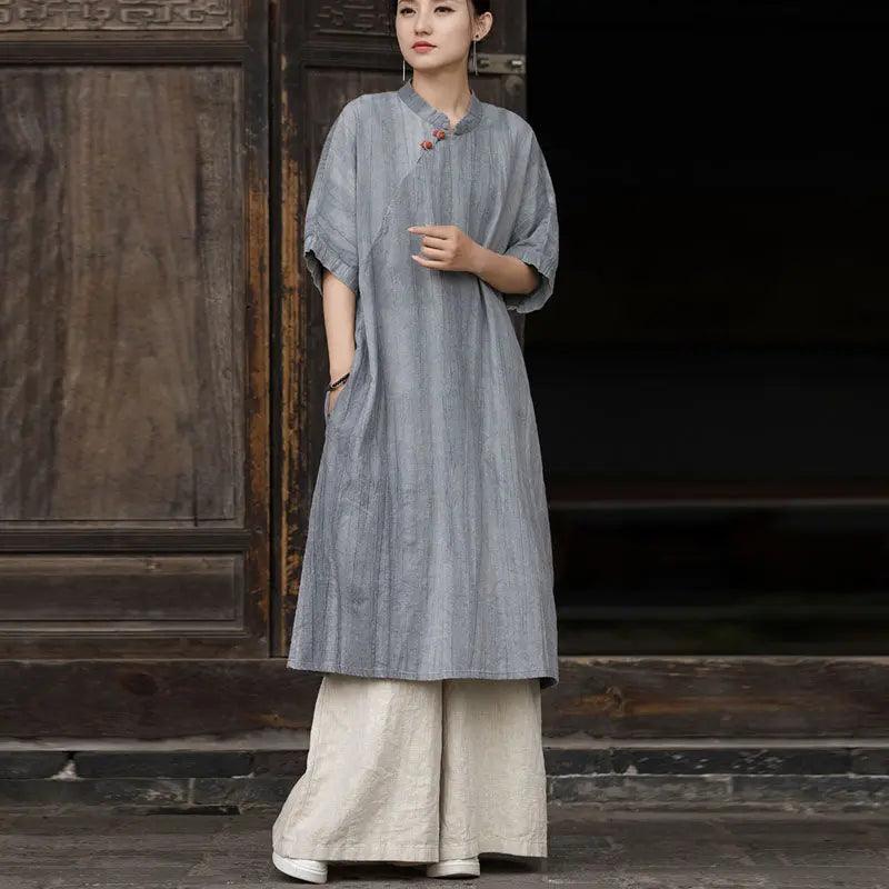 Long Sleeve Dress for Women Vintage Chic Linen Robe Dress-Women's dress-Thebesttailor-One size-Gray-Linen-Thebesttailor