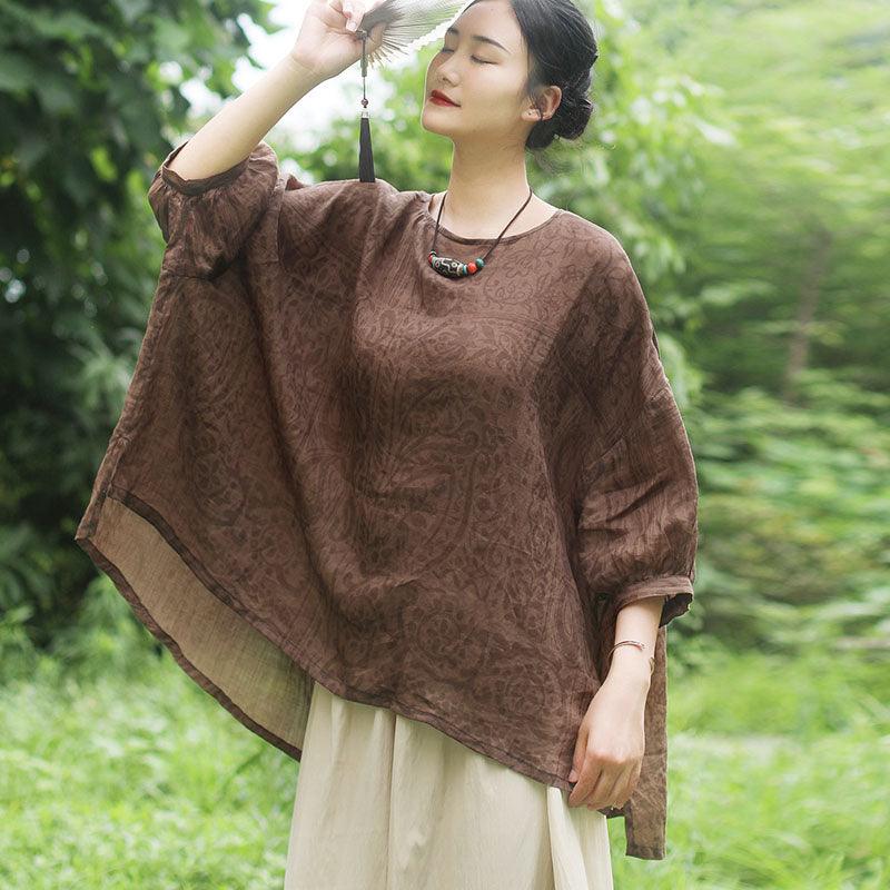 Ethnic Style Summer Loose Ramie Blouse for Women-Women's Shirt-Thebesttailor-One size-Brown-Ramie-Thebesttailor