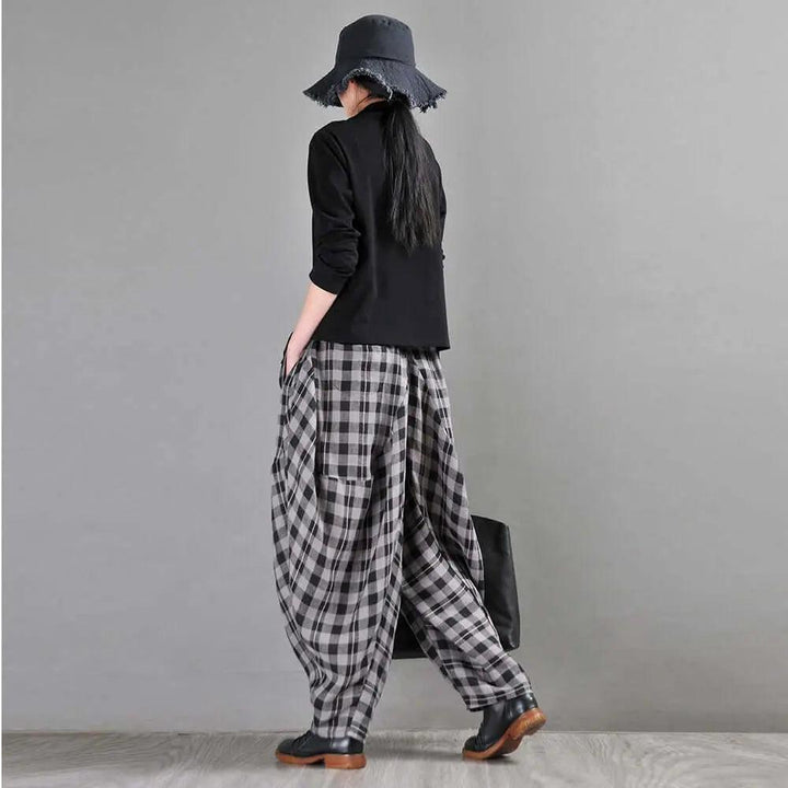 Bohemian Black and White Checkered Linen Bloomers for Women-Women's pants-Thebesttailor-Thebesttailor