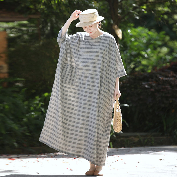 Summer Linen gray Oversized Striped Dress for Women