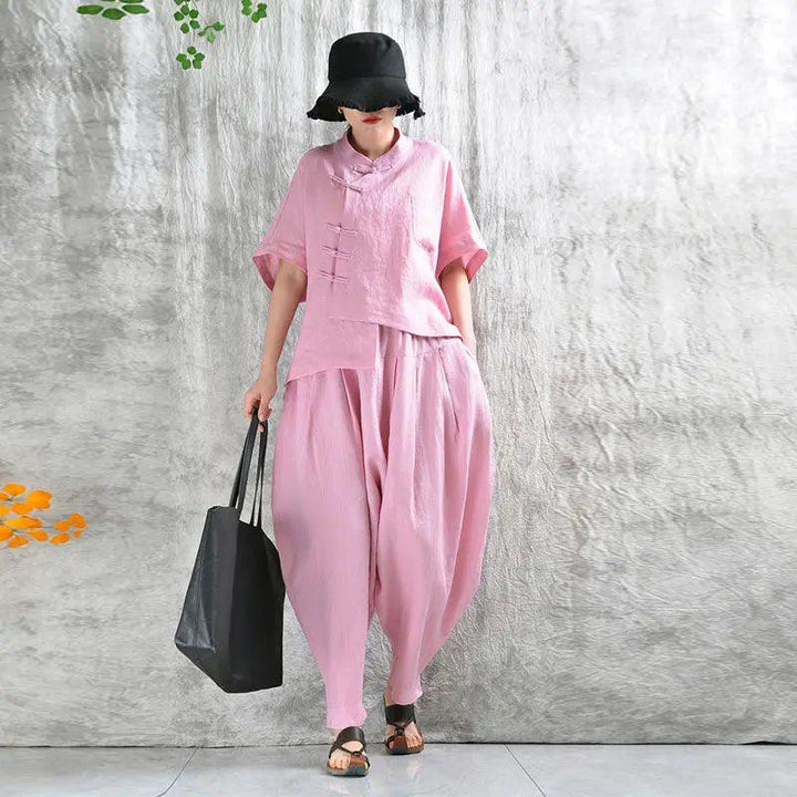 Linen Shirt Literature Art and Bloomer Set-Women's Shirt-Thebesttailor-M-Pink-Linen-Thebesttailor