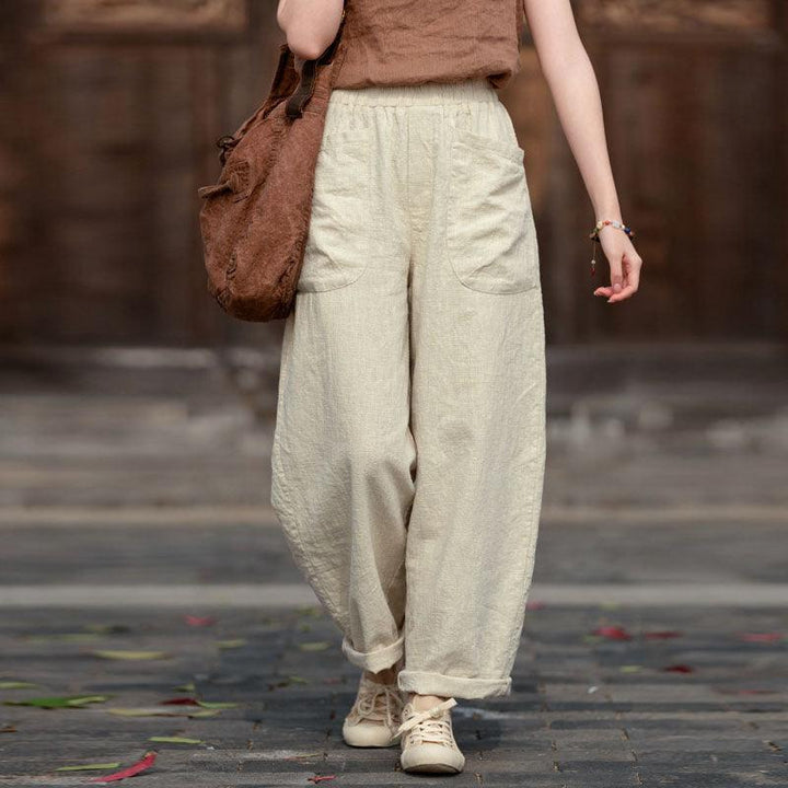 best ladies pull on trousers elasticated waist loose linen harem pants Thebesttailor