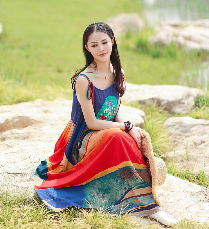 Bohemian Embroidered Sling Maxi Dress for Casual Beach Wear-Women's dress-Thebesttailor-Thebesttailor