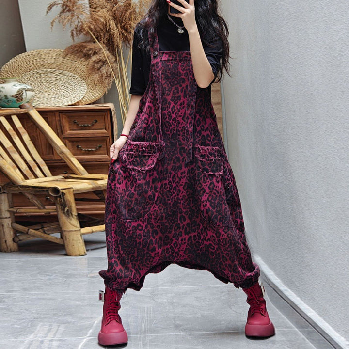 Casual Leopard Print oversized denim overalls for women