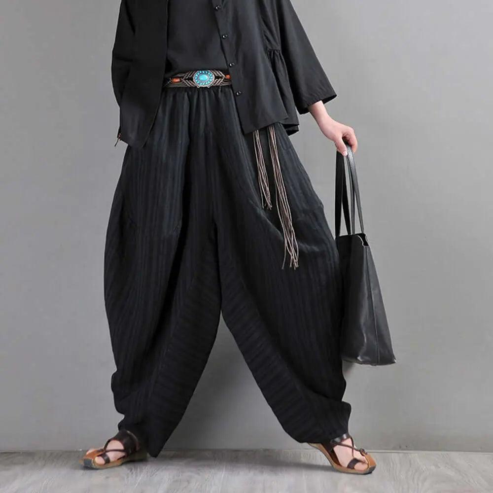 harem pants women Summer pants Black Striped harem trousers-Women's pants-Thebesttailor-One size-Black-Linen-Thebesttailor