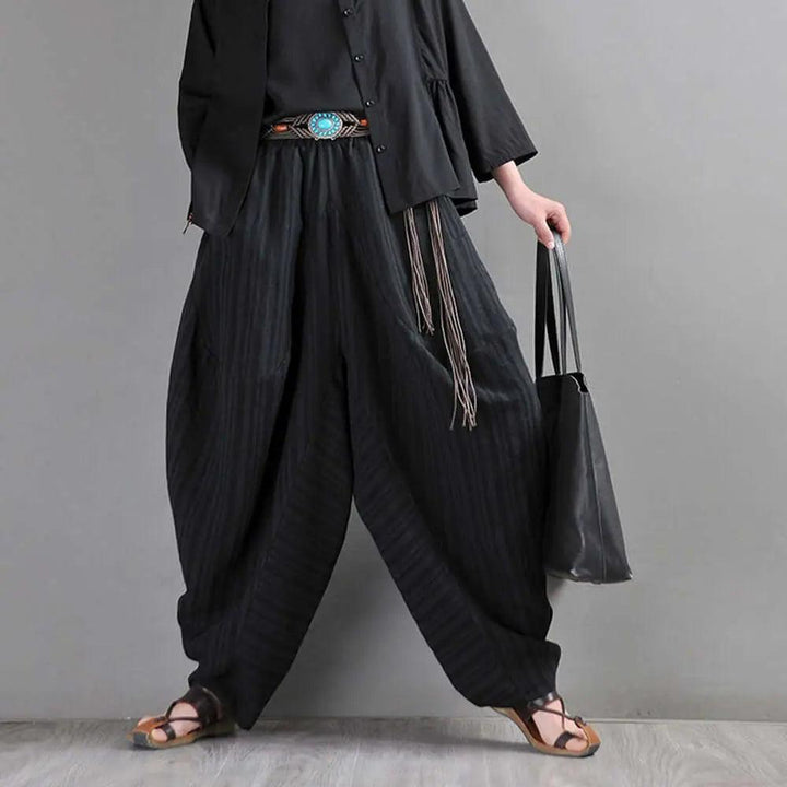 harem pants women Summer pants Black Striped harem trousers-Women's pants-Thebesttailor-One size-Black-Linen-Thebesttailor