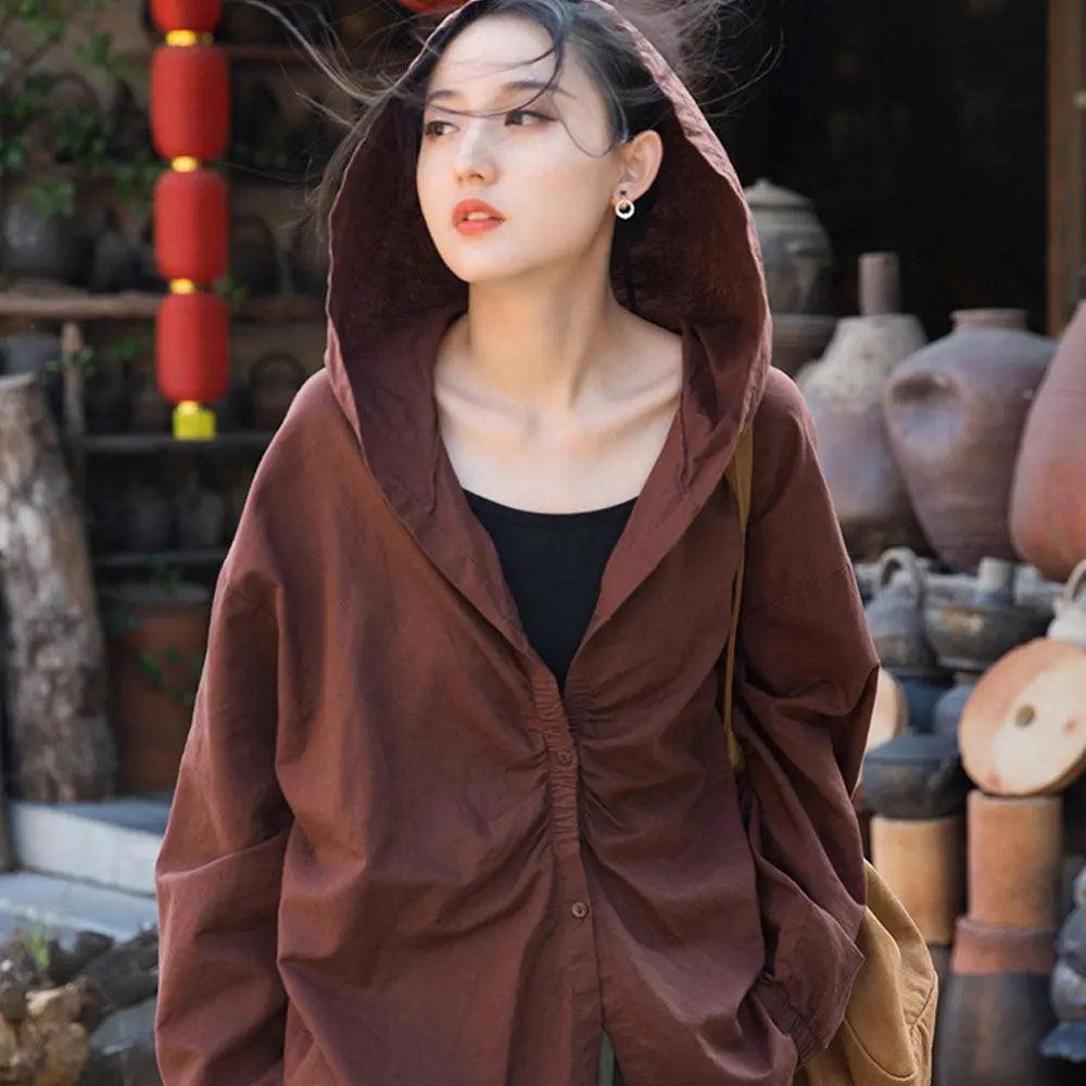 women Retro Linen Sand Washed Loose White Hooded Blouses-Women's Shirt-Thebesttailor-Thebesttailor