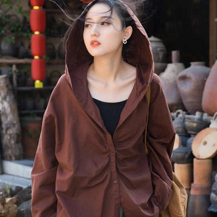 women Retro Linen Sand Washed Loose White Hooded Blouses-Women's Shirt-Thebesttailor-Thebesttailor