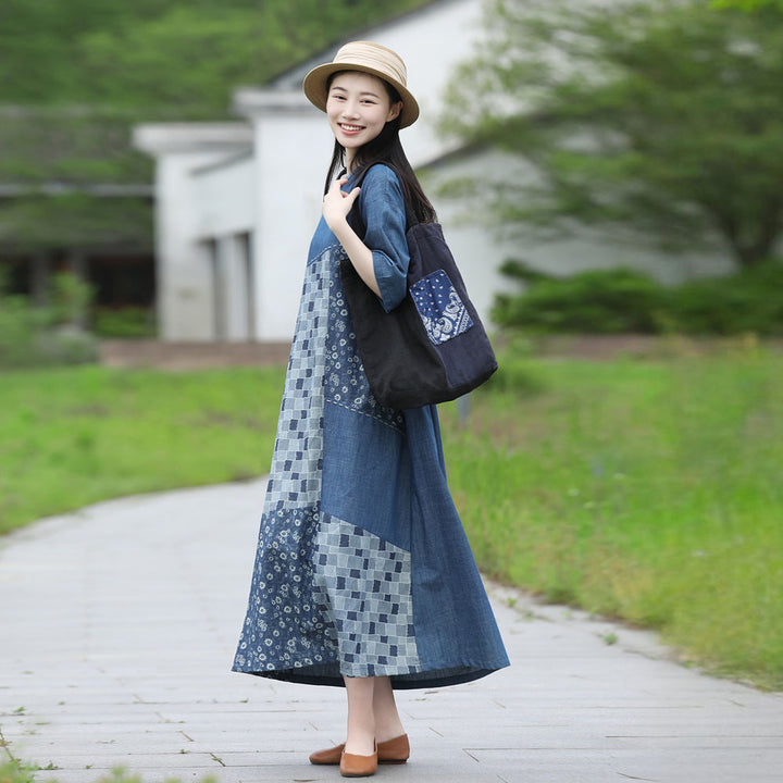 Blue Patchwork Cotton Midi Dress for Women Round Neck