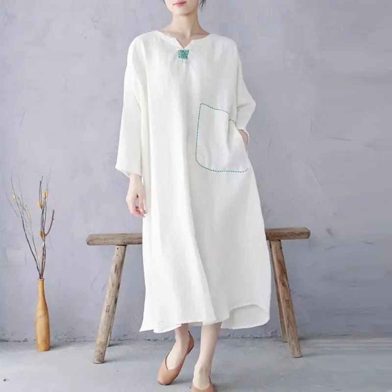 White Linen Pullover Dress with Long Sleeves Dress-Women's dress-Thebesttailor-One size-White-Linen-Thebesttailor