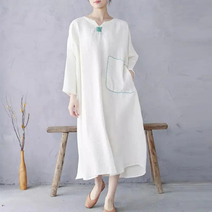 White Linen Pullover Dress with Long Sleeves Dress-Women's dress-Thebesttailor-One size-White-Linen-Thebesttailor