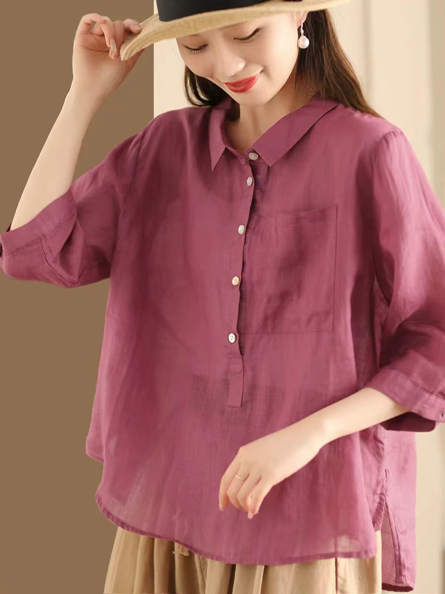 Loose Linen Shirt for Women with Half Sleeves and Lapel Collar by Thebesttailor