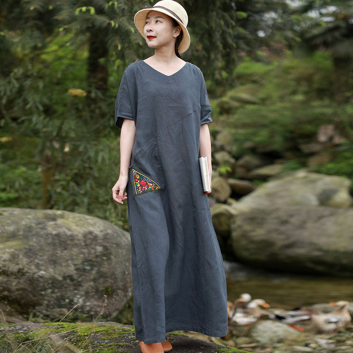 Gray Linen Embroidered Half Sleeves Maxi Dress For Women