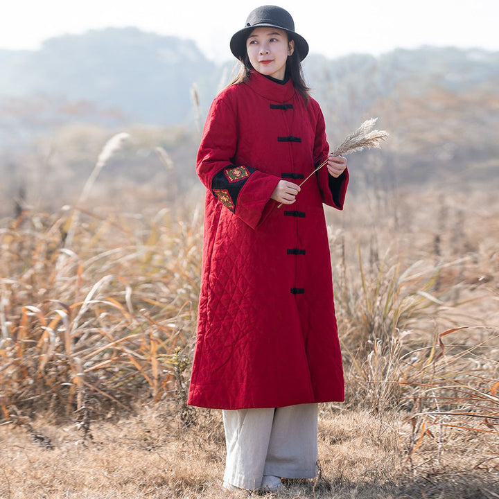 Vintage Chinese Quilted Linen Winter Coat Red Black