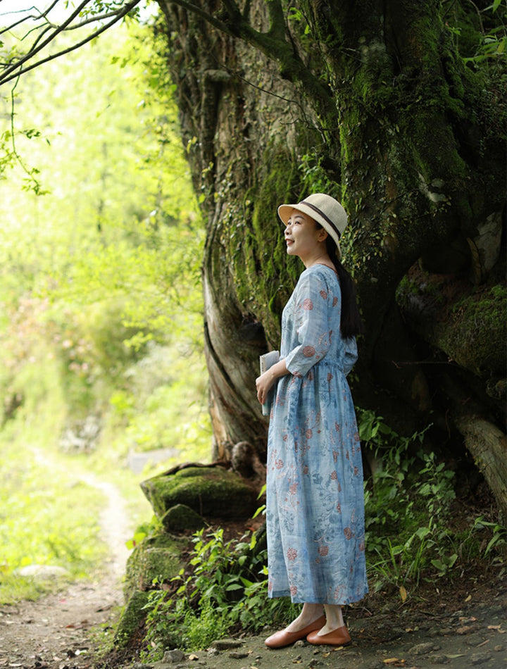 Linen Floral Drape Midi Dress With Half Sleeves Women