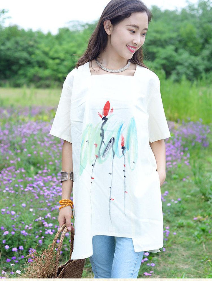 Elegant White Cotton-Linen Short Sleeve Blouse for Women-Women's coat-Thebesttailor-Thebesttailor