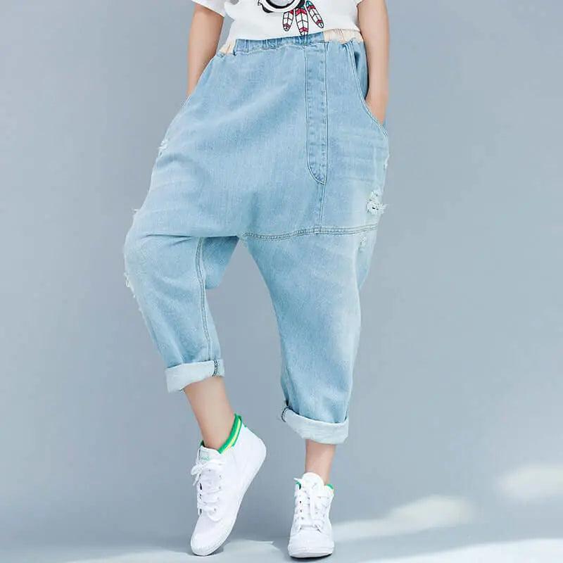 Women's summer blue denim casual pants with pockets pencil pants-Women's pants-Thebesttailor-One size-Blue-Cotton-Thebesttailor