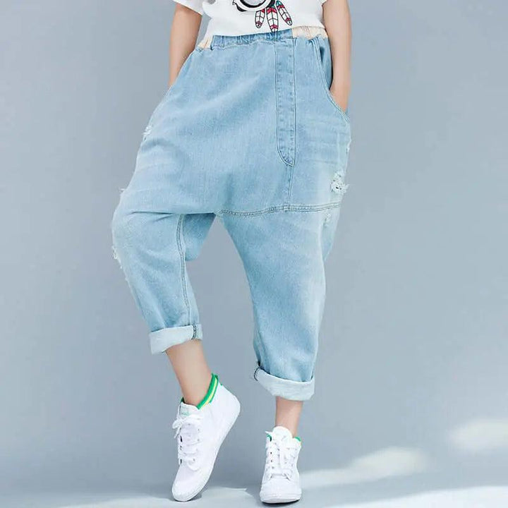 Women's summer blue denim casual pants with pockets pencil pants-Women's pants-Thebesttailor-One size-Blue-Cotton-Thebesttailor