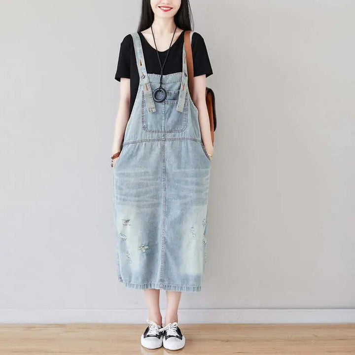 Light Blue Ripped Denim Sleeveless Dress with Retro Straps-Women's dress-Thebesttailor-One size-Light Blue-Cotton-Thebesttailor