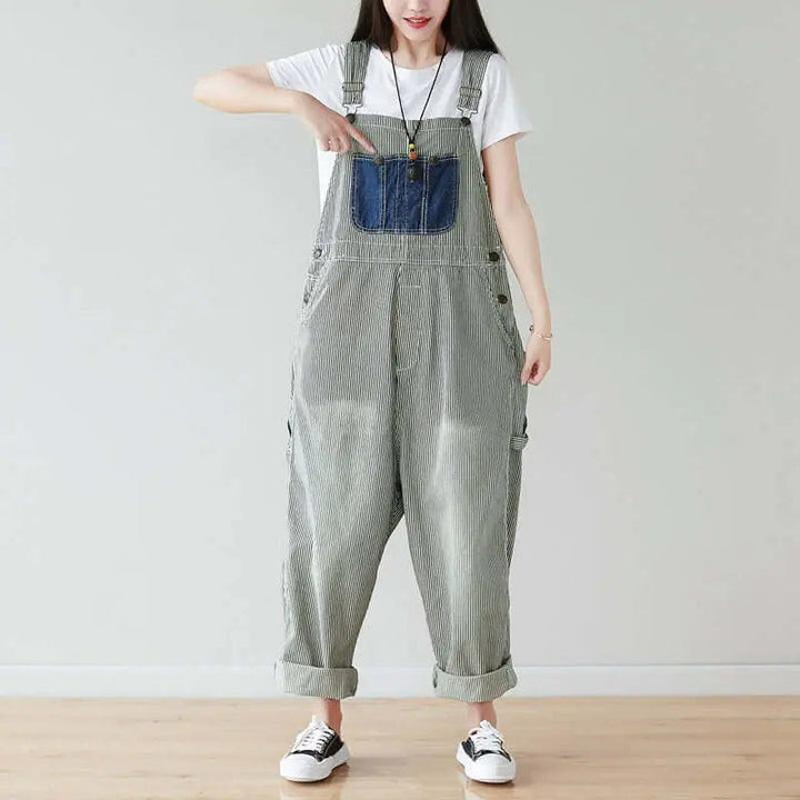 Summer Cotton Striped Casual Overalls with Pockets for Women-Women's pants-Thebesttailor-One size-Gray Stripe-Cotton-Thebesttailor
