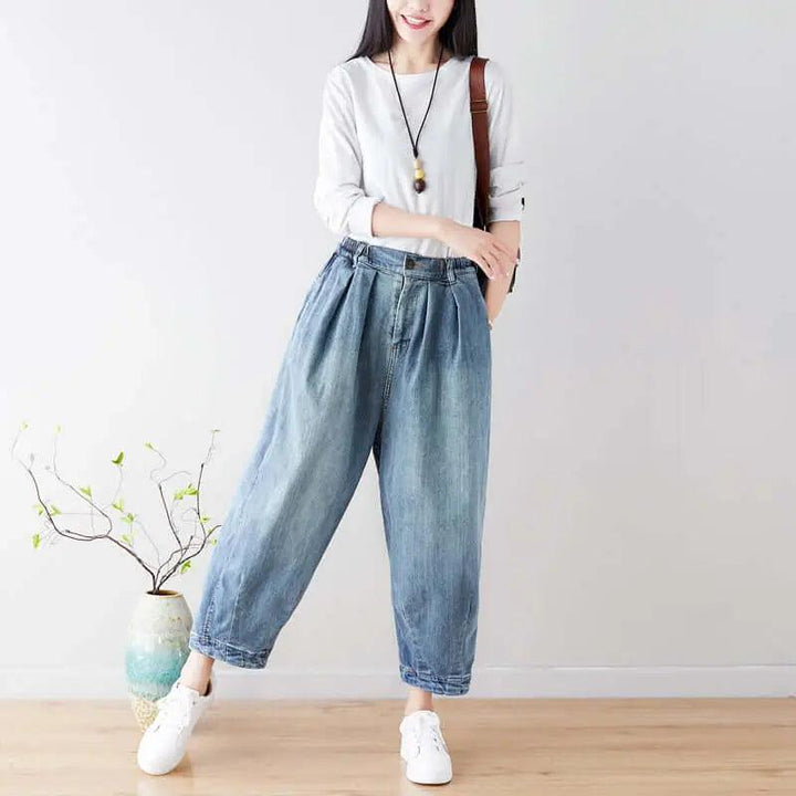 Stylish Summer Washed Light Blue Denim Baggy Pants for Women-Women's pants-Thebesttailor-One size-Light blue-Cotton-Thebesttailor