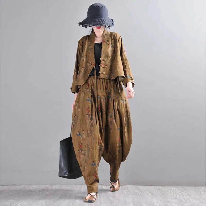 Retro Style Dark Brown Linen Two-Piece Set for Women-Women's Shirt-Thebesttailor-Thebesttailor