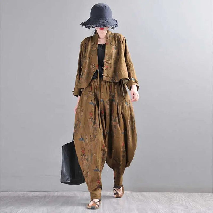 Retro Style Dark Brown Linen Two-Piece Set for Women-Women's Shirt-Thebesttailor-Thebesttailor
