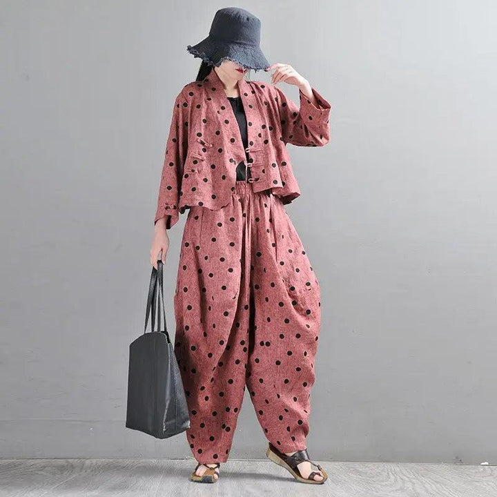 Retro Rust Red Linen Wave Point Bloomer Pants Suit-Women's Shirt-Thebesttailor-One size-Rust red-Thebesttailor