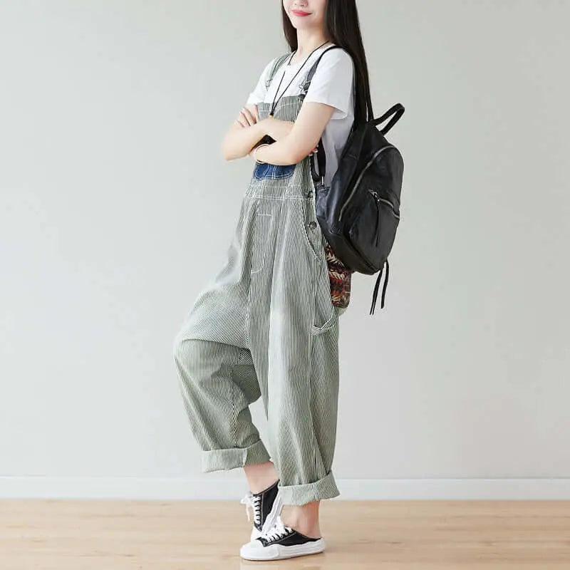 Summer Cotton Striped Casual Overalls with Pockets for Women-Women's pants-Thebesttailor-Thebesttailor