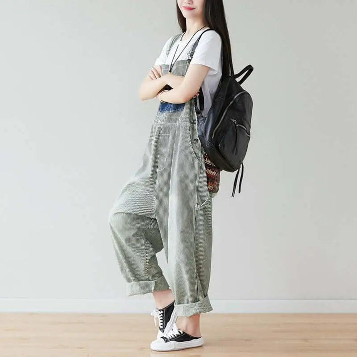 Summer Cotton Striped Casual Overalls with Pockets for Women-Women's pants-Thebesttailor-Thebesttailor