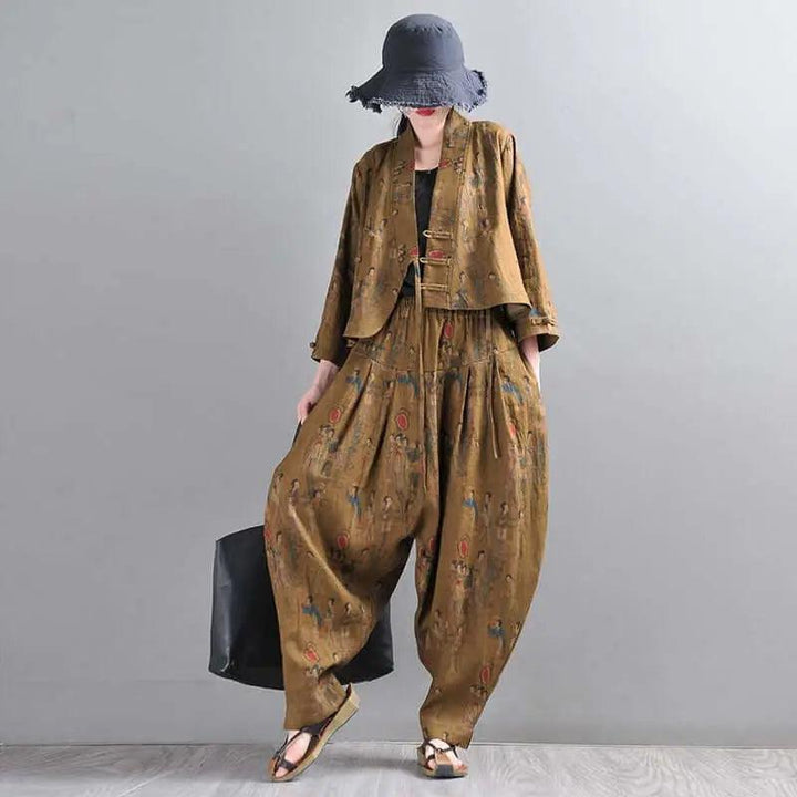 Retro Style Dark Brown Linen Two-Piece Set for Women-Women's Shirt-Thebesttailor-Thebesttailor